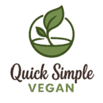 Logo with a green plant in a bowl above the words "Quick Simple VEGAN" in brown and green text.