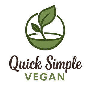 Logo with a green plant in a bowl above the words "Quick Simple VEGAN" in brown and green text.