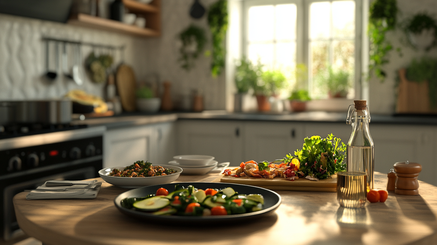 A kitchen with natural light features a round wooden table set with plates of salad, a vegetable dish, a cutting board with fresh greens, and a glass bottle of oil. Quick Simple Vegan